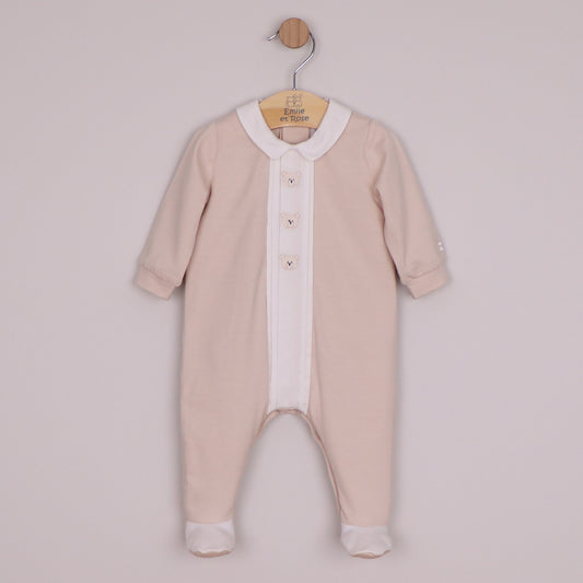 Emile et Rose Boys Miles Interlock All In One, Pleated Mock Front Opening & Bear Embroidered Stone 2658ST – front