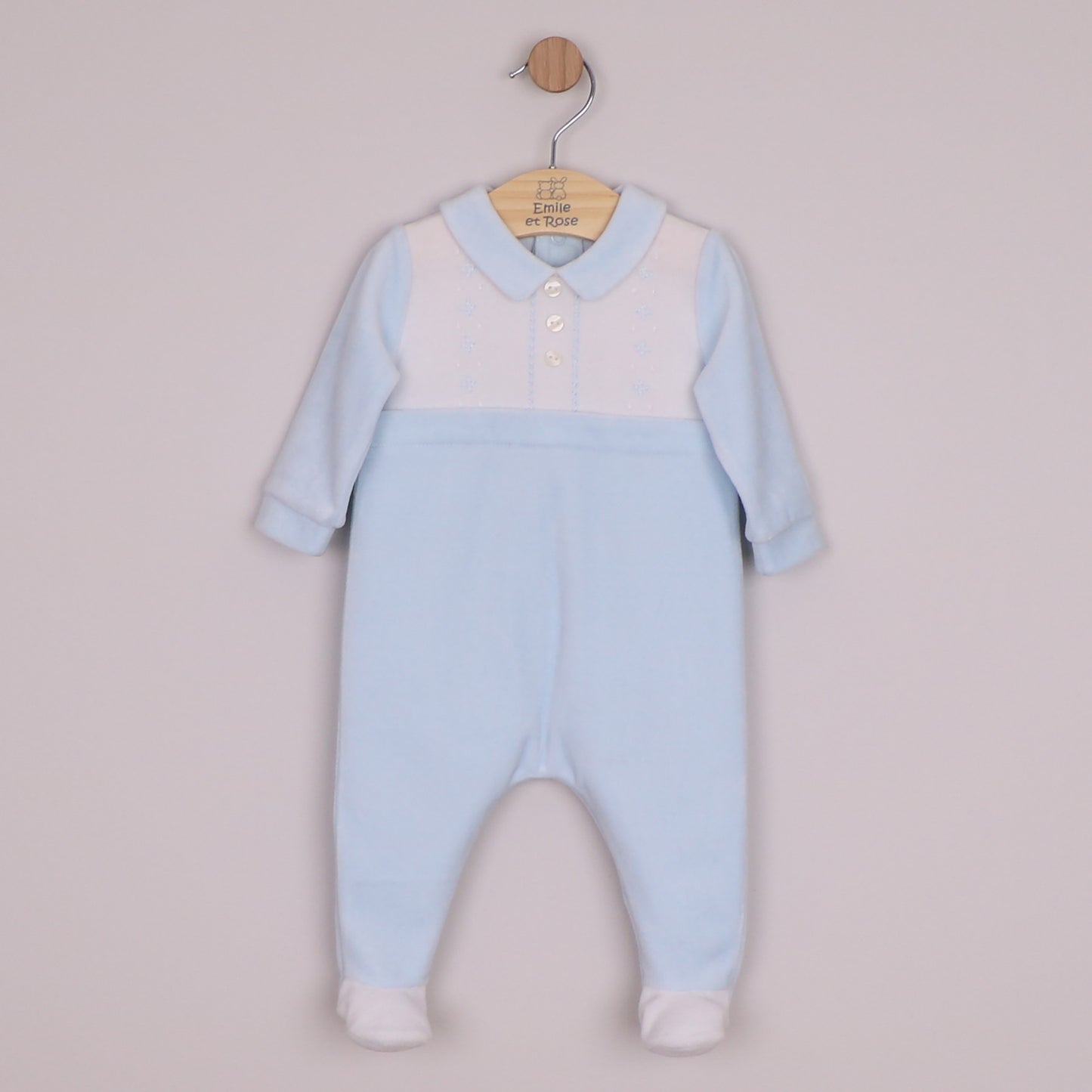 Emile et Rose Boys Monty Velour All In One, White Yoke with Smart Embroidered & Collar Pale Blue 2659PB – front