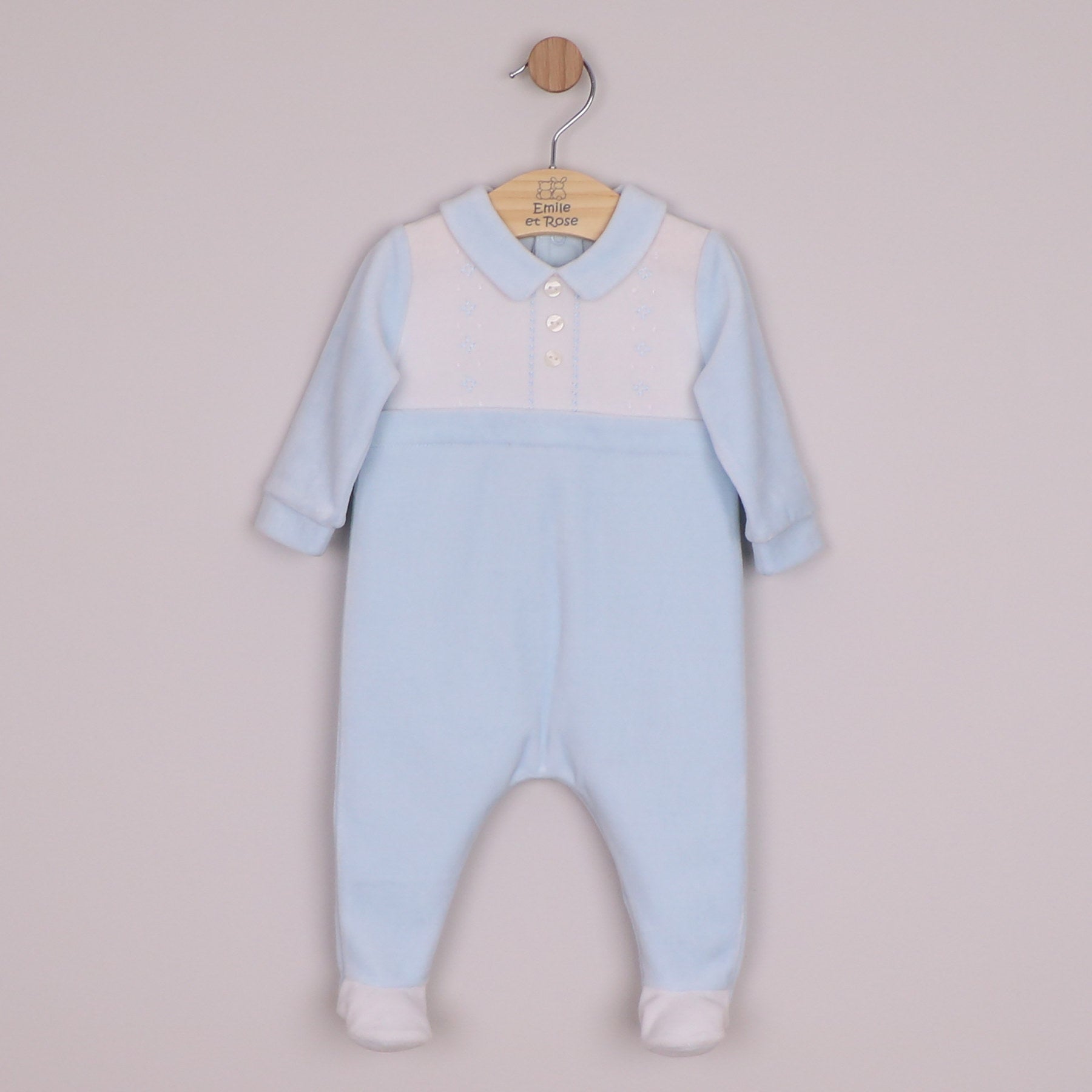 Emile et Rose Boys Monty Velour All In One, White Yoke with Smart Embroidered & Collar Pale Blue 2659PB – front