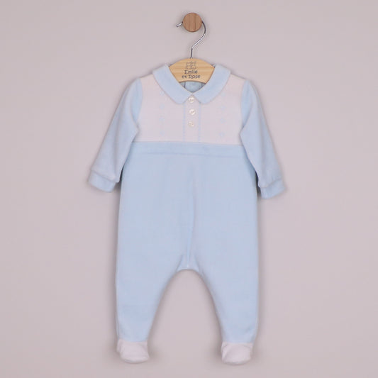 Emile et Rose Boys Monty Velour All In One, White Yoke with Smart Embroidered & Collar Pale Blue 2659PB – front