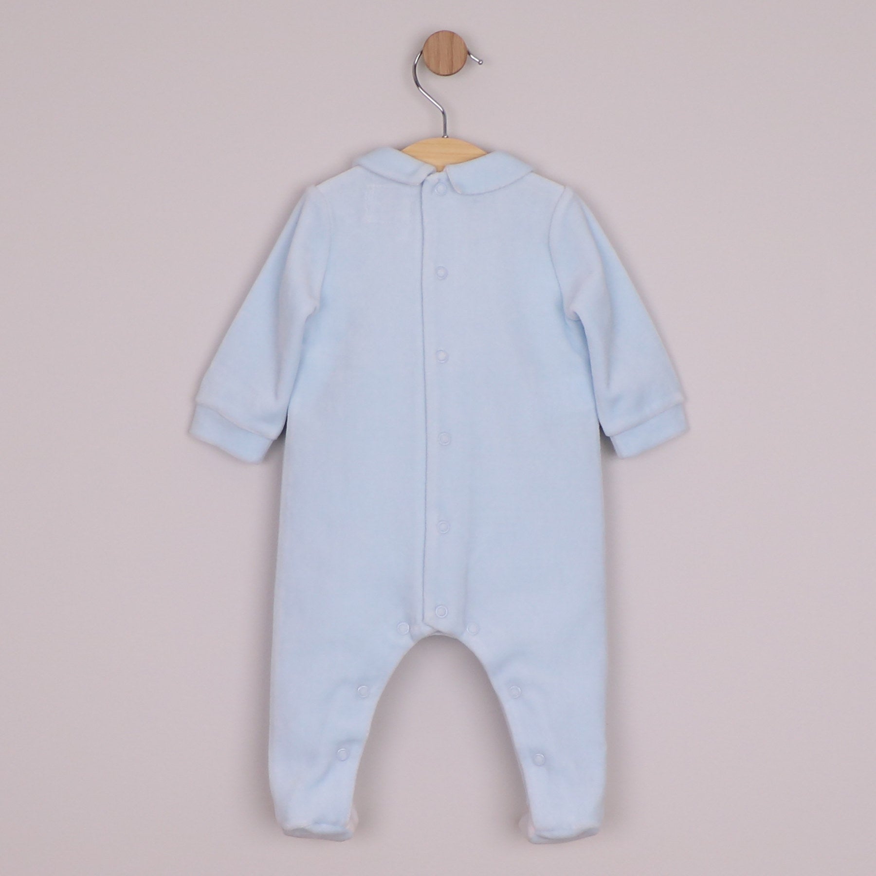 Emile et Rose Boys Monty Velour All In One, White Yoke with Smart Embroidered & Collar Pale Blue 2659PB – back