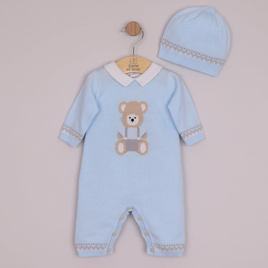 Emile et Rose Boys Milo Knit All In One with Large Teddy Motif & Zig-Zag Trim, Hat Pale Blue 2663PB – front