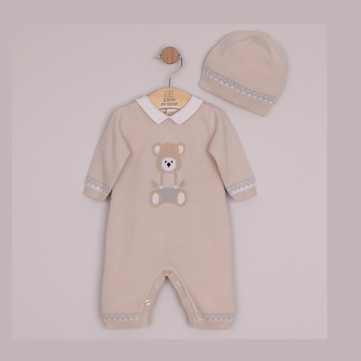 Emile et Rose Boys Milo Knit All In One with Large Teddy Motif & Zig-Zag Trim, Hat Stone 2663ST – front