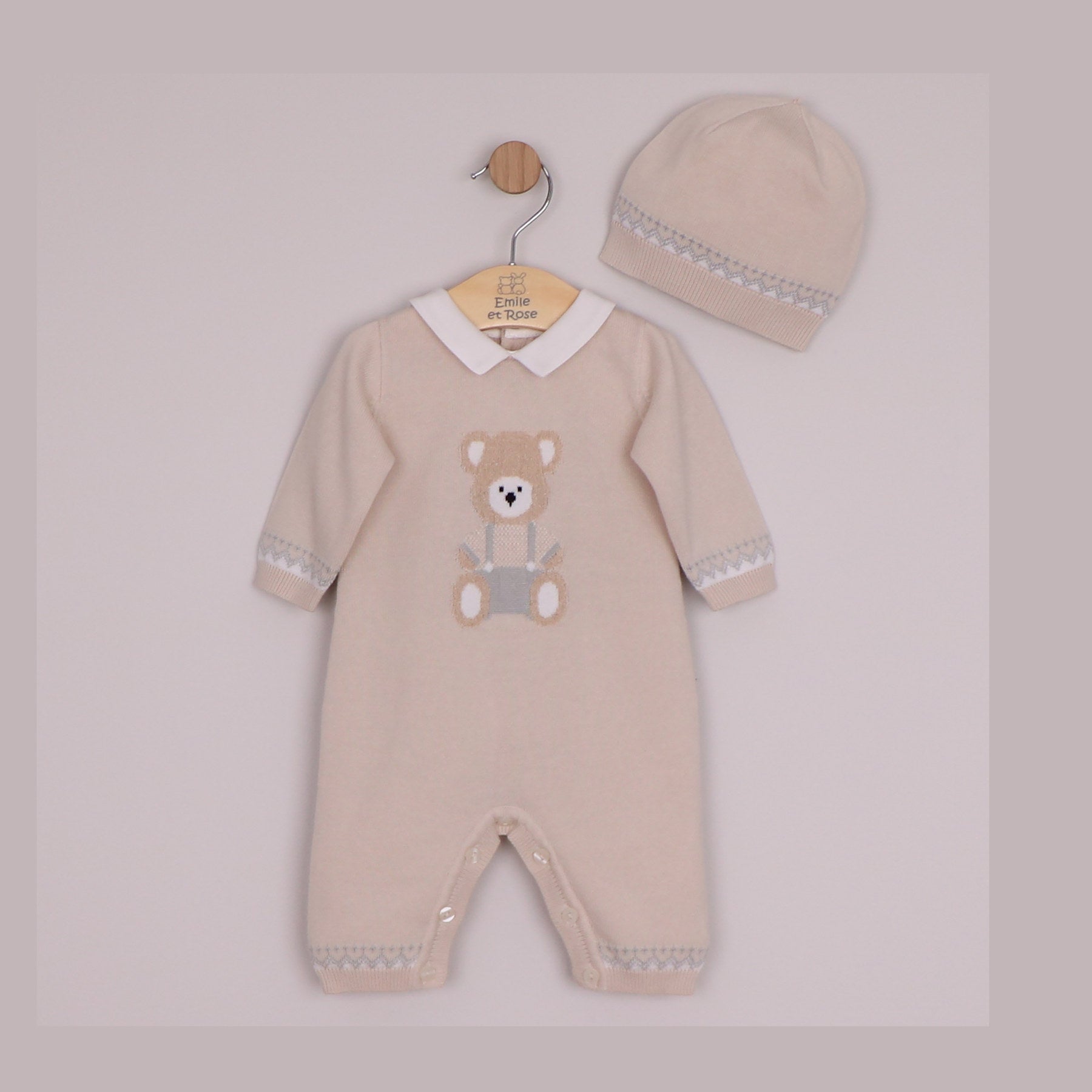Emile et Rose Boys Milo Knit All In One with Large Teddy Motif & Zig-Zag Trim, Hat Stone 2663ST – front