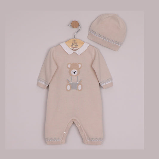 Emile et Rose Boys Milo Knit All In One with Large Teddy Motif & Zig-Zag Trim, Hat Stone 2663ST – front