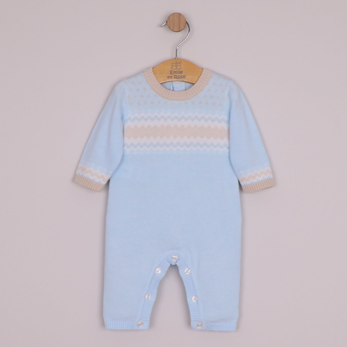 Emile et Rose Boys Magnus Knitted All In One with Stone & White Fairisle Design Pale Blue 2664PB – front