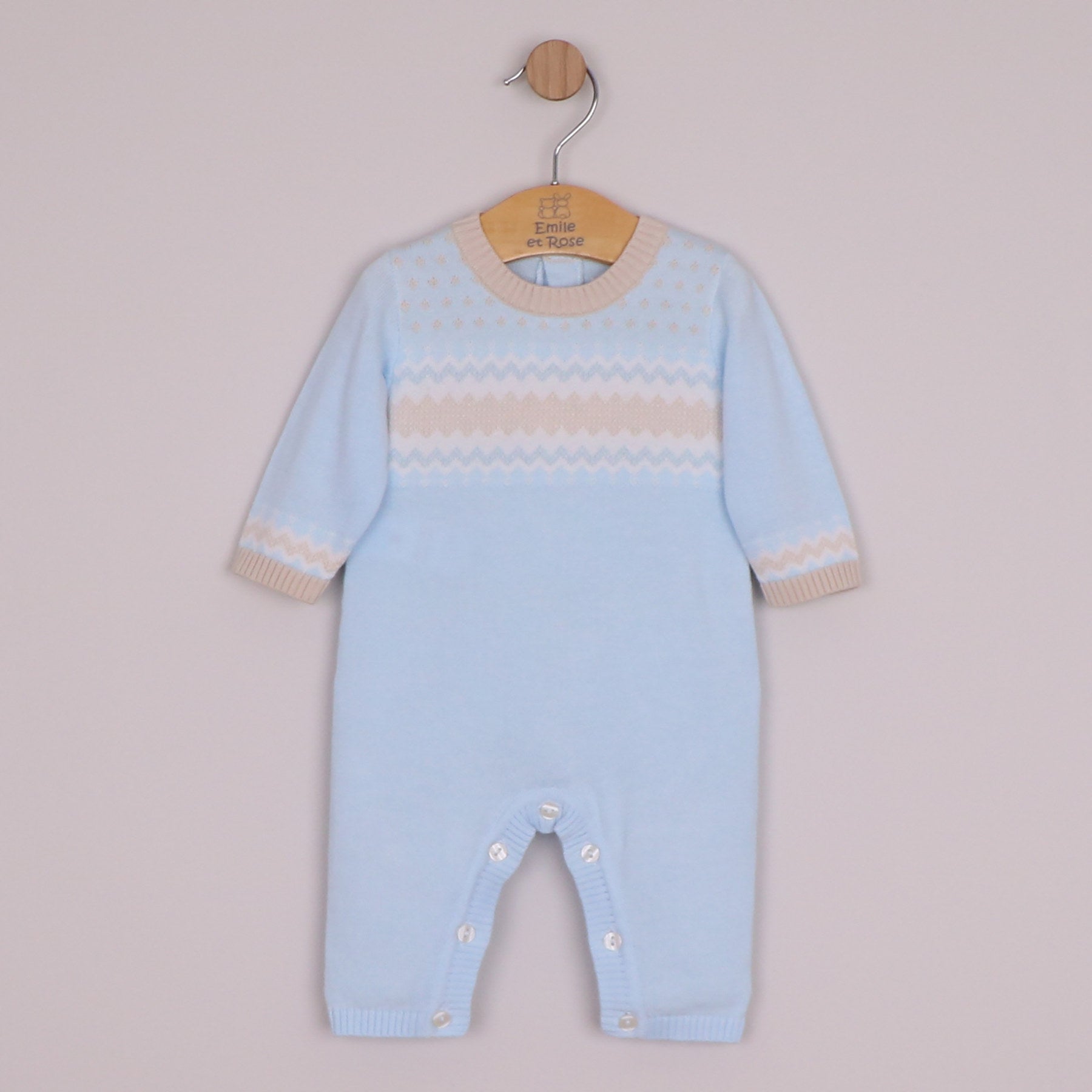 Emile et Rose Boys Magnus Knitted All In One with Stone & White Fairisle Design Pale Blue 2664PB – front