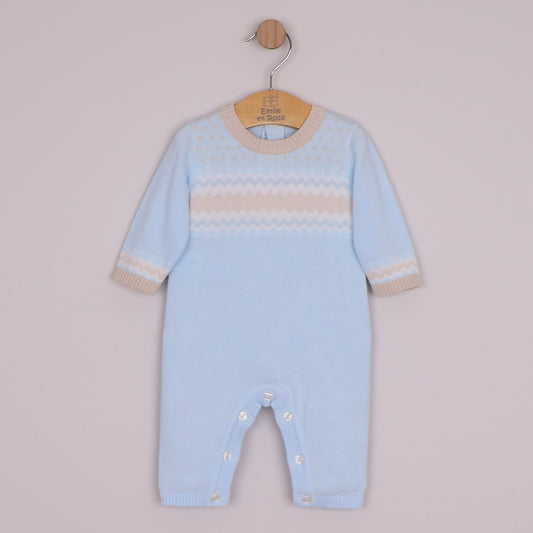 Emile et Rose Boys Magnus Knitted All In One with Stone & White Fairisle Design Pale Blue 2664PB – front