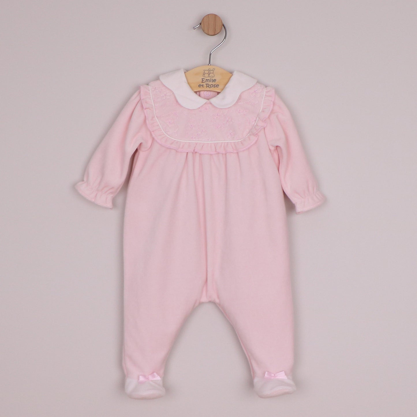 Emile et Rose Girls Maddy Velour All In One, Embroidered Inset Panel, Frill & Large Collar Pale Pink 2665PP – front