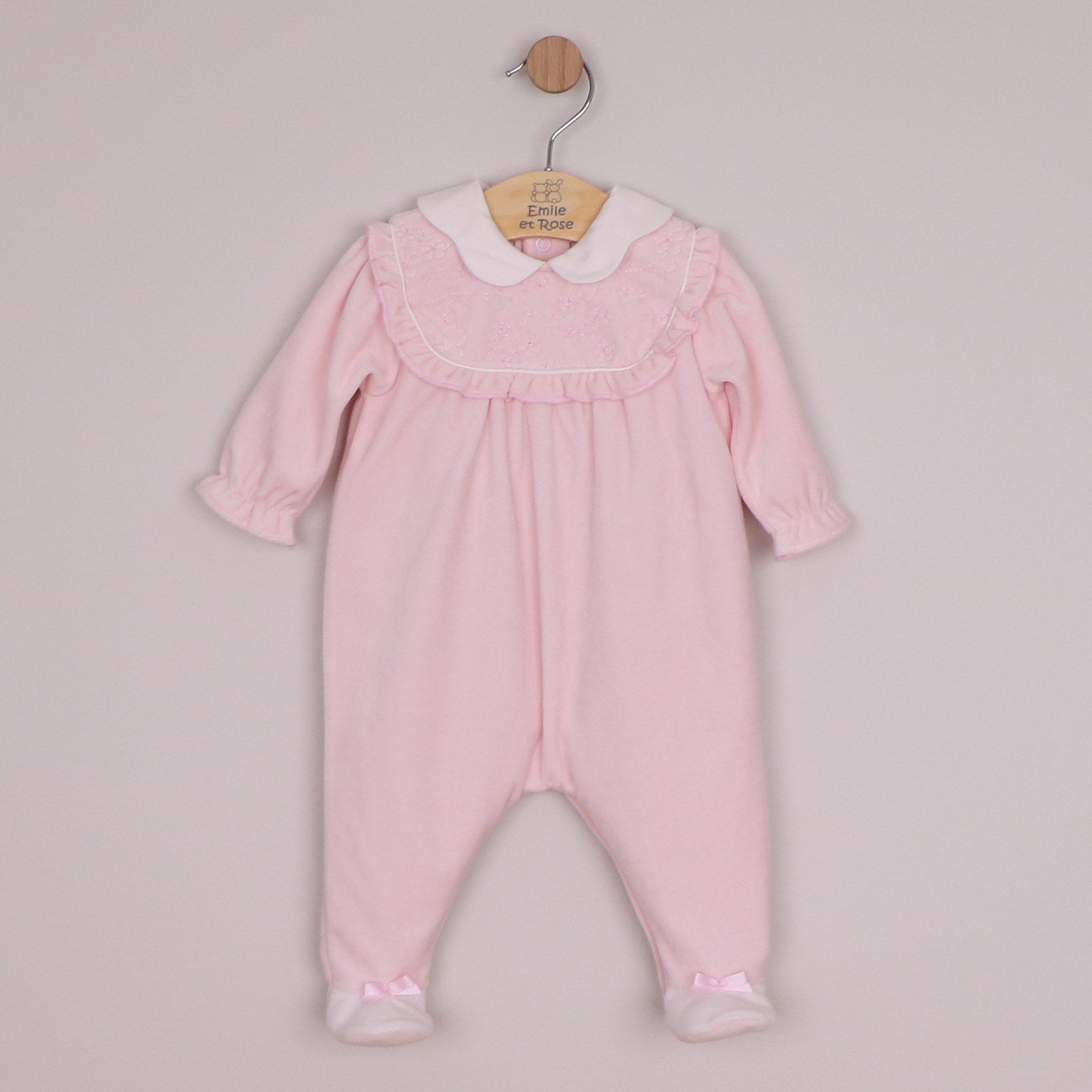 Emile et Rose Girls Maddy Velour All In One, Embroidered Inset Panel, Frill & Large Collar Pale Pink 2665PP – front