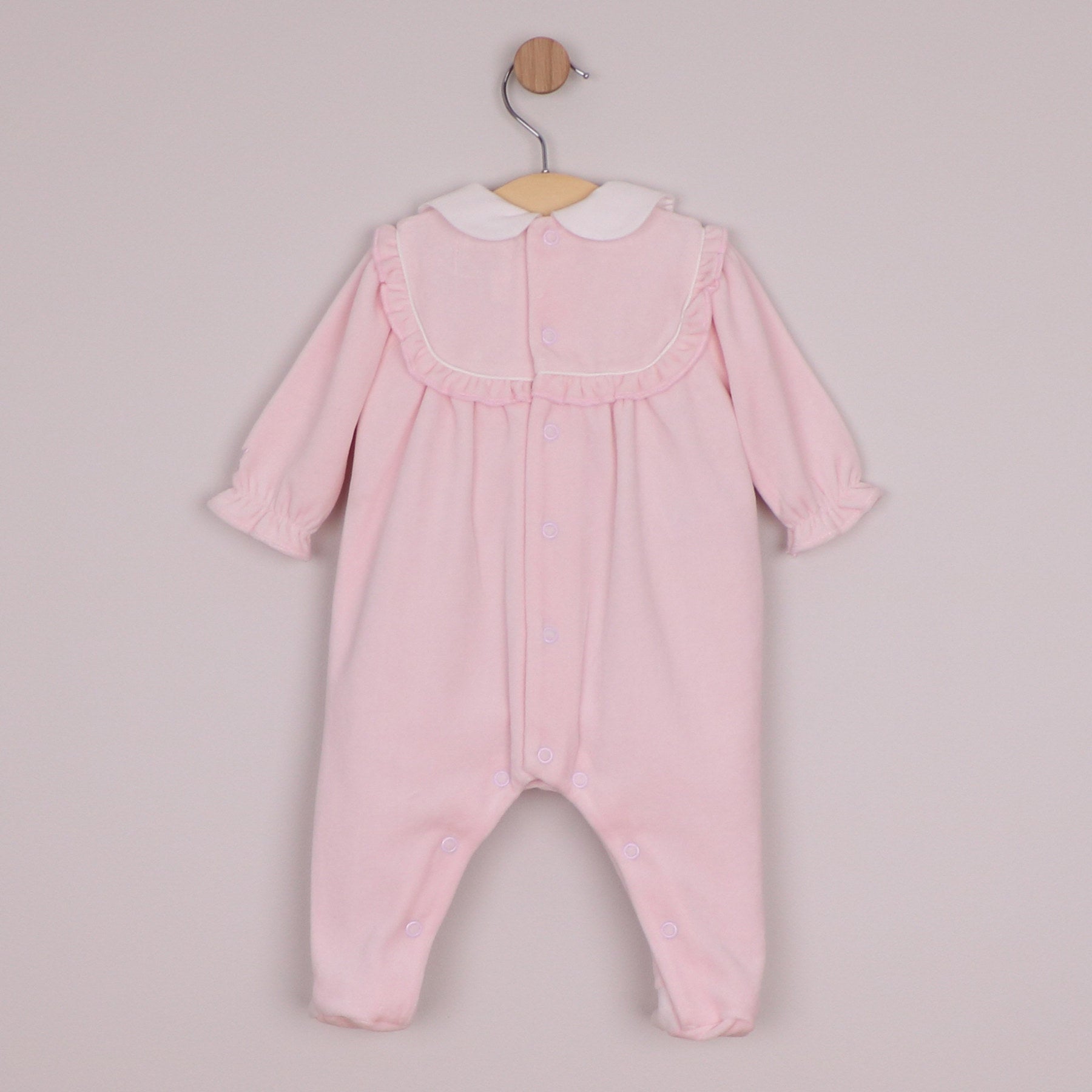 Emile et Rose Girls Maddy Velour All In One, Embroidered Inset Panel, Frill & Large Collar Pale Pink 2665PP – back