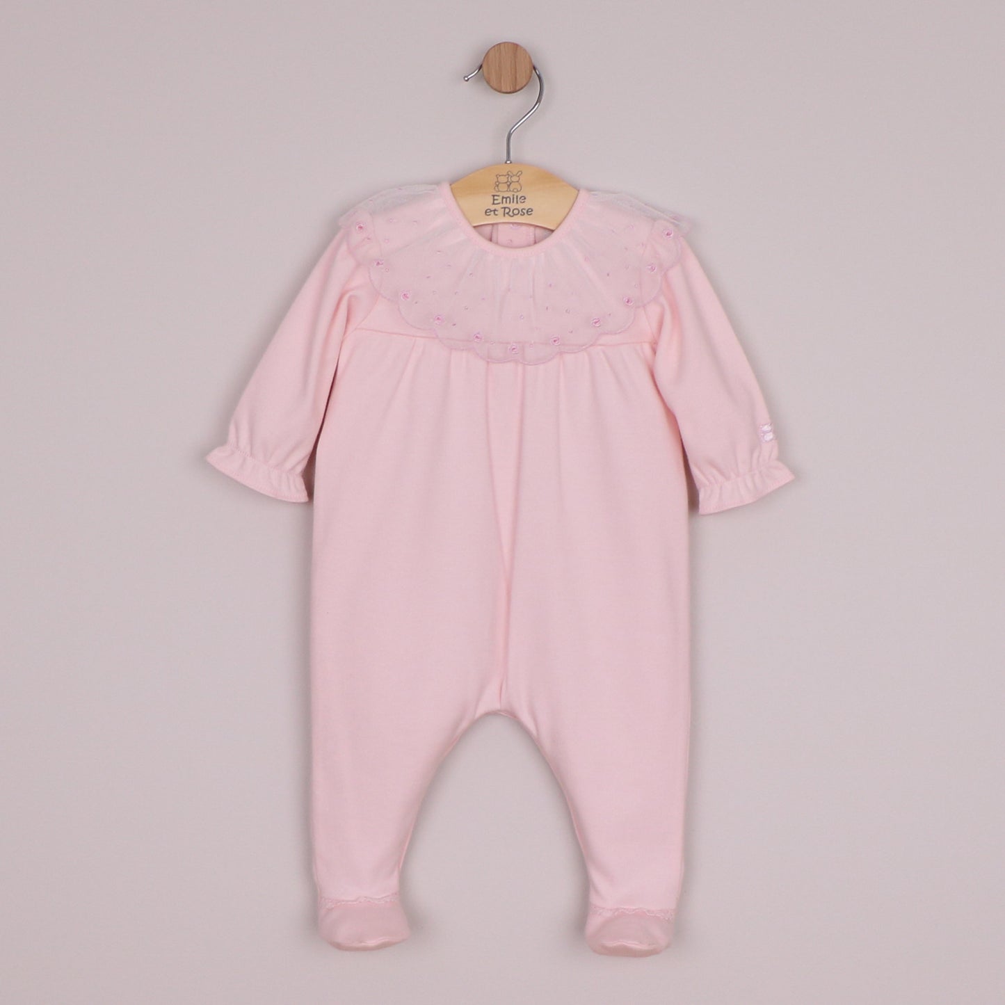 Emile et Rose Girls Mabel Interlock All In One with Large Embroidered Tulle Overlay Collar Pale Pink 2668PP – front