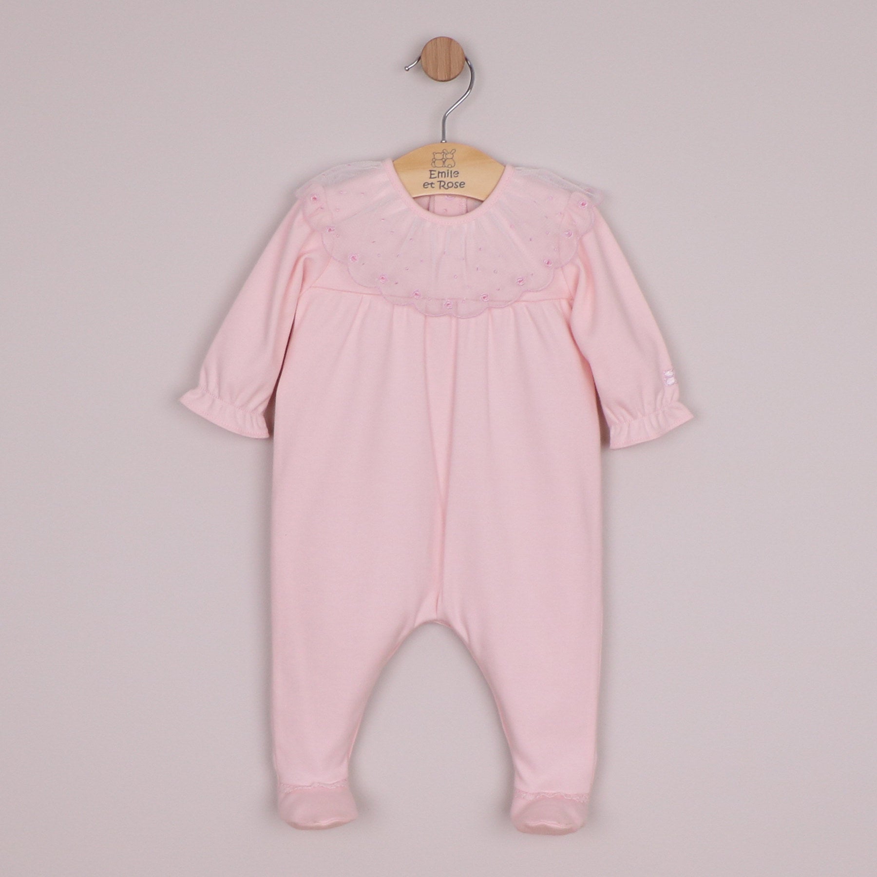 Emile et Rose Girls Mabel Interlock All In One with Large Embroidered Tulle Overlay Collar Pale Pink 2668PP – front