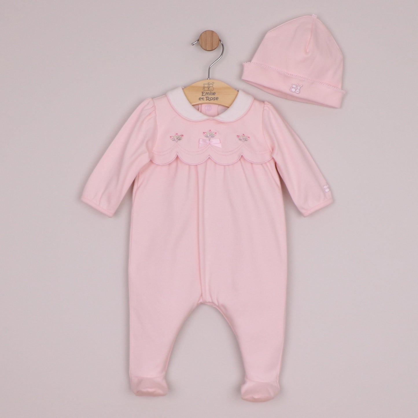 Emile et Rose Girls Matilda Interlock All In One with Scalloped Embroidered Yoke & Hat Pale Pink 2669PP – front
