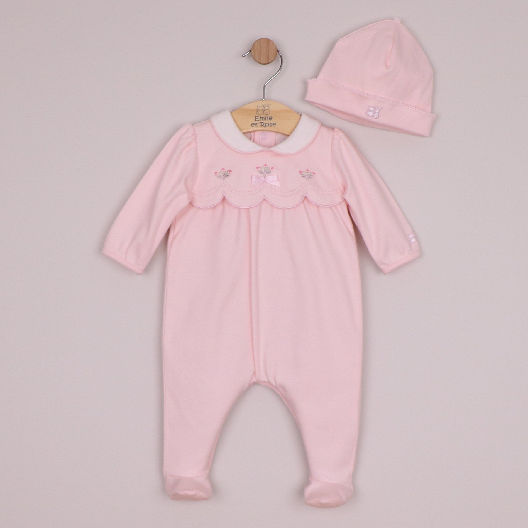 Emile et Rose Girls Matilda Interlock All In One with Scalloped Embroidered Yoke & Hat Pale Pink 2669PP – front