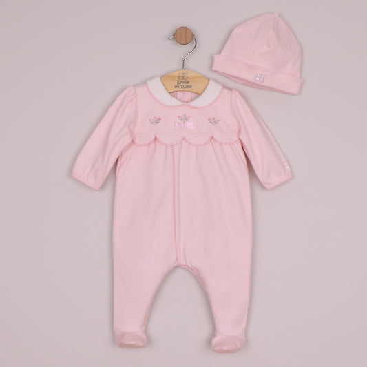 Emile et Rose Girls Matilda Interlock All In One with Scalloped Embroidered Yoke & Hat Pale Pink 2669PP – front