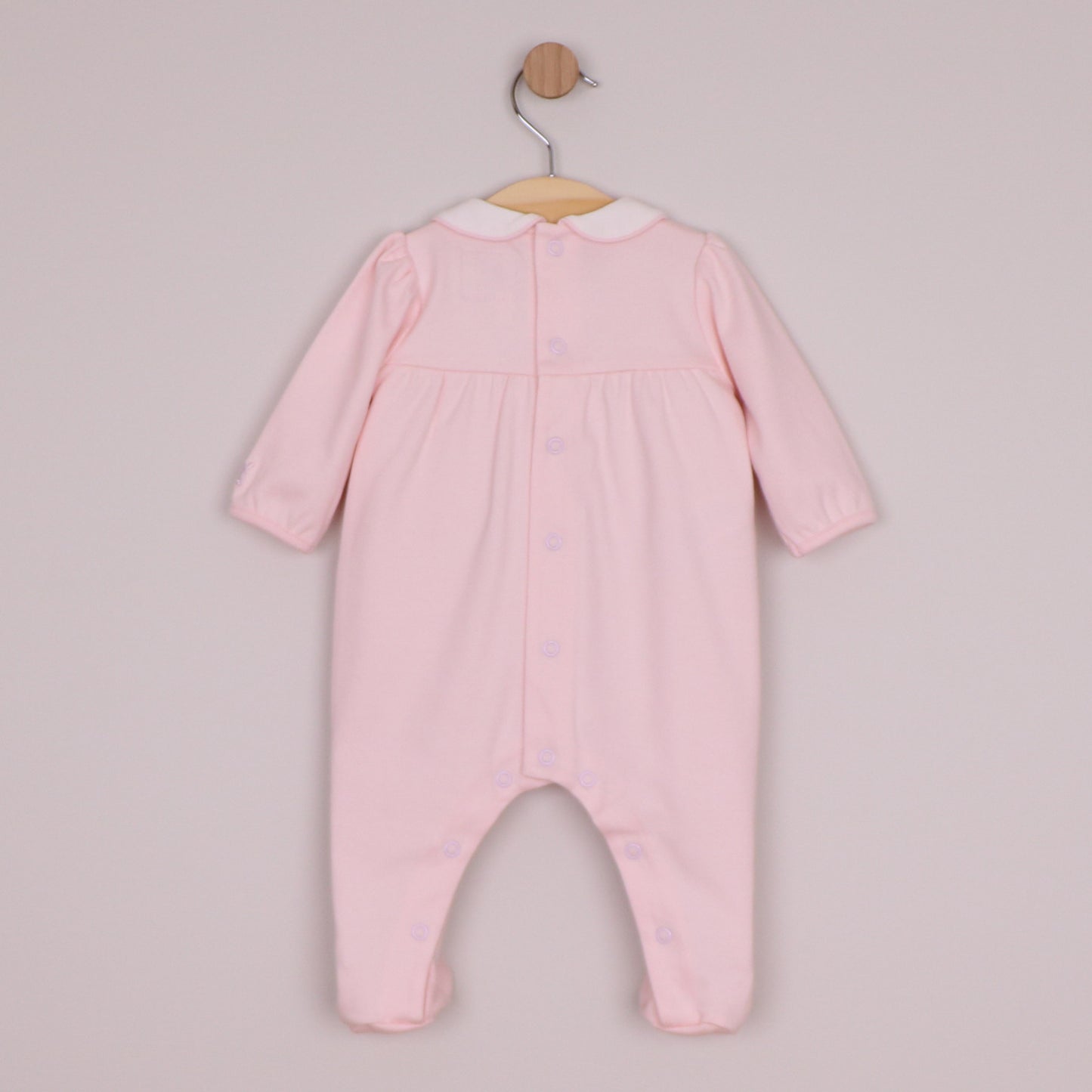 Emile et Rose Girls Matilda Interlock All In One with Scalloped Embroidered Yoke & Hat Pale Pink 2669PP – back