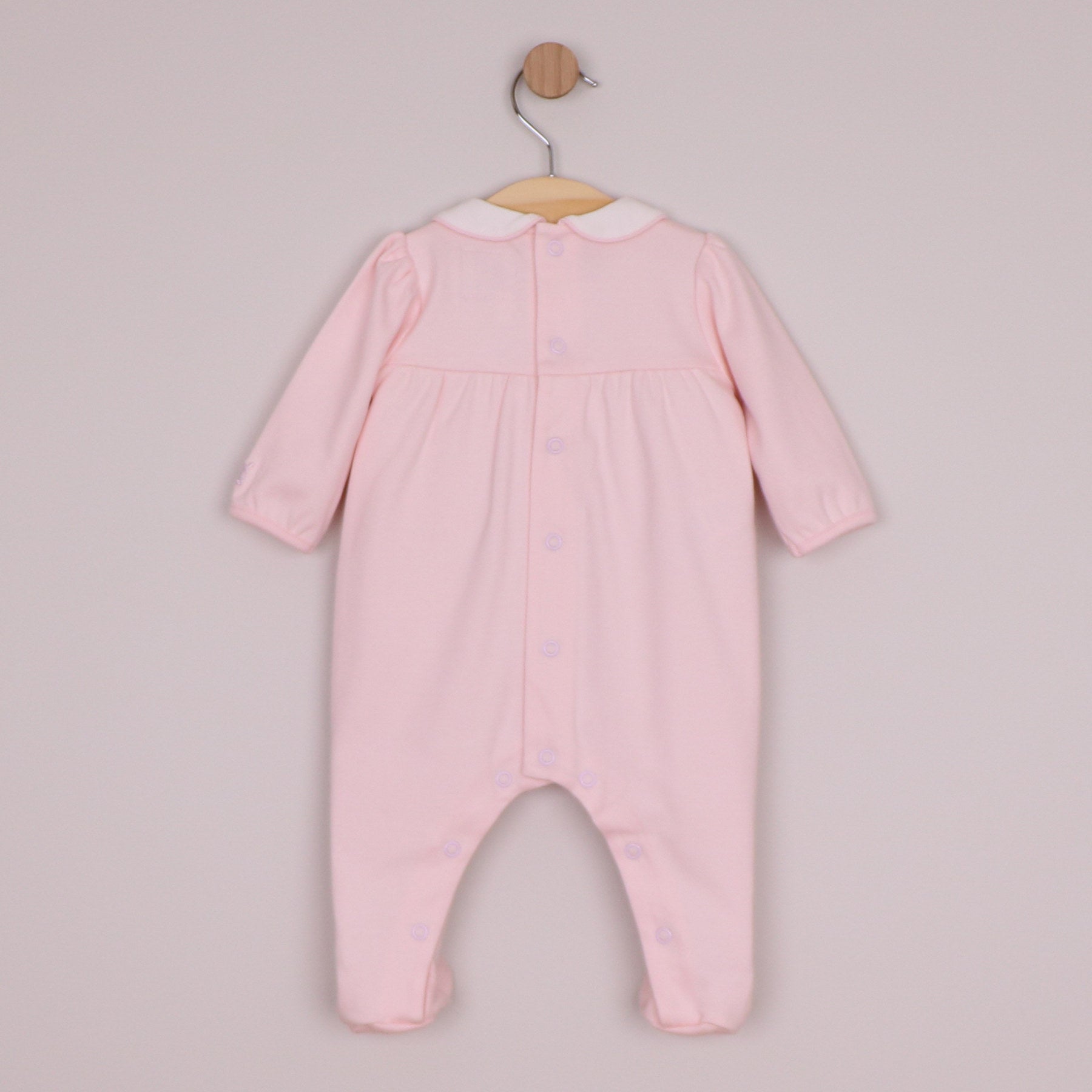 Emile et Rose Girls Matilda Interlock All In One with Scalloped Embroidered Yoke & Hat Pale Pink 2669PP – back