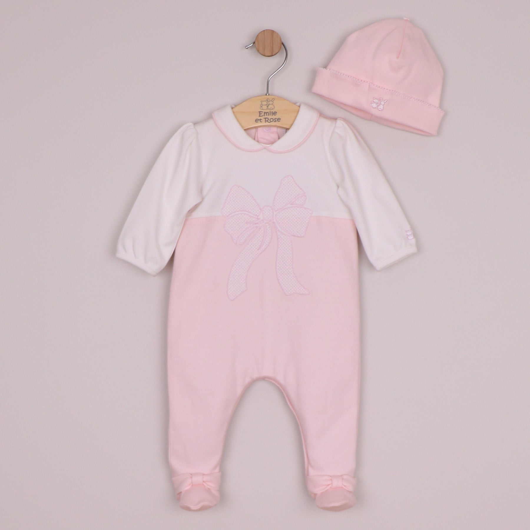 Emile et Rose Girls Maya Interlock All In One, White Upper, Large Applique Bow & Hat Pale Pink 2670PP – front