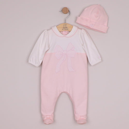 Emile et Rose Girls Maya Interlock All In One, White Upper, Large Applique Bow & Hat Pale Pink 2670PP – front