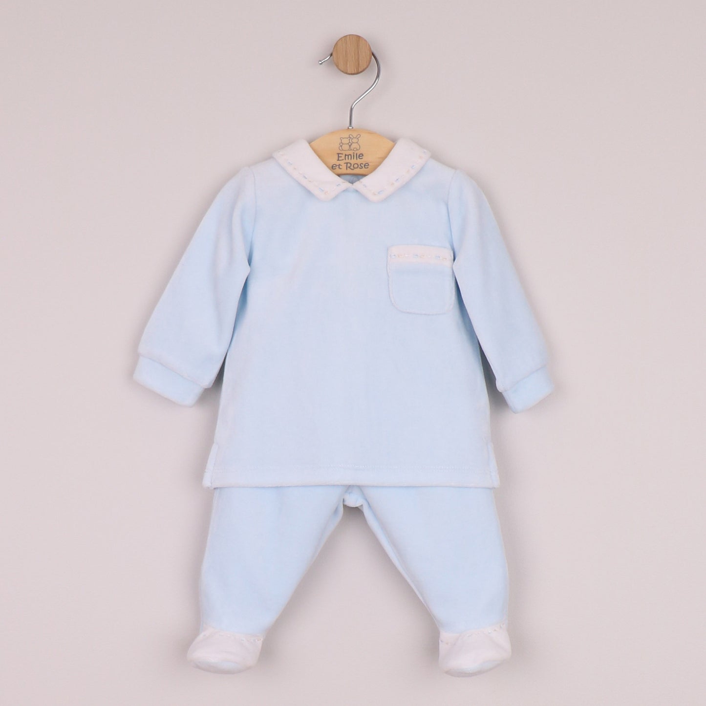 Emile et Rose Boys Mason Velour 2 Piece with Embroidered Trim, Pocket & Leggings with Feet Pale Blue 6519PB – front
