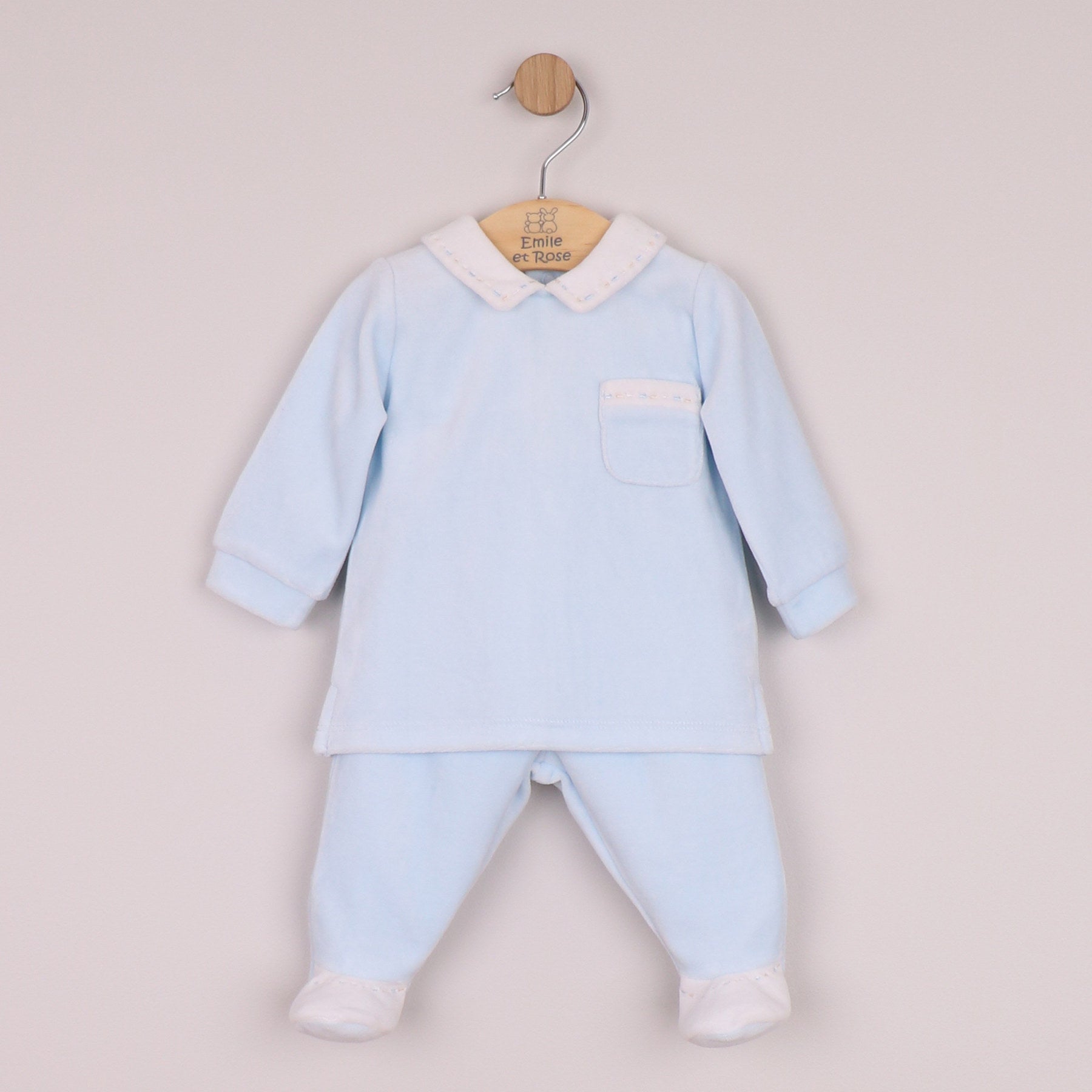 Emile et Rose Boys Mason Velour 2 Piece with Embroidered Trim, Pocket & Leggings with Feet Pale Blue 6519PB – front