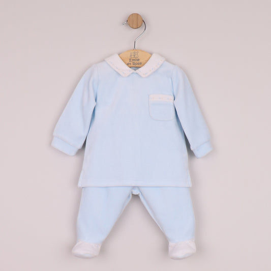 Emile et Rose Boys Mason Velour 2 Piece with Embroidered Trim, Pocket & Leggings with Feet Pale Blue 6519PB – front