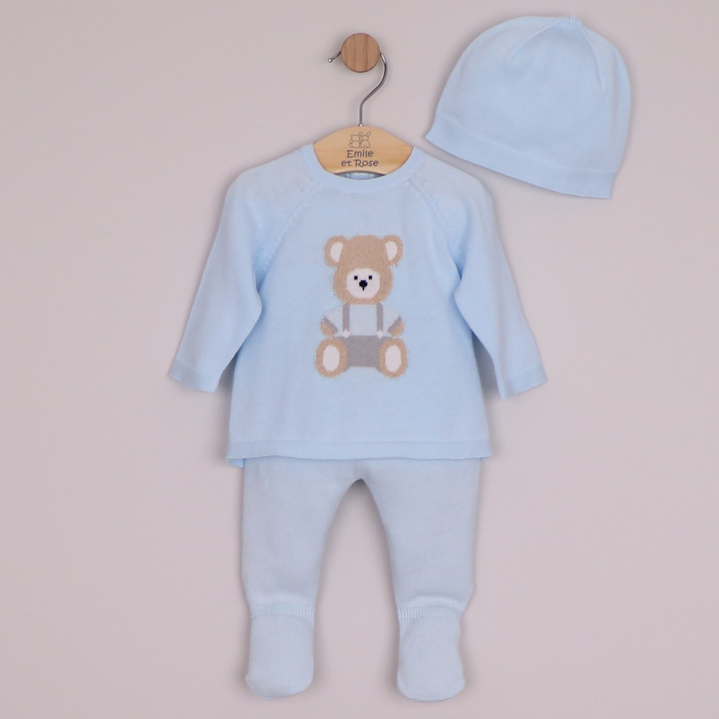 Emile et Rose Boys Marco Knit 2 Piece, Teddy Motif Top, Leggings with Feet & Hat Pale Blue 6520PB – front