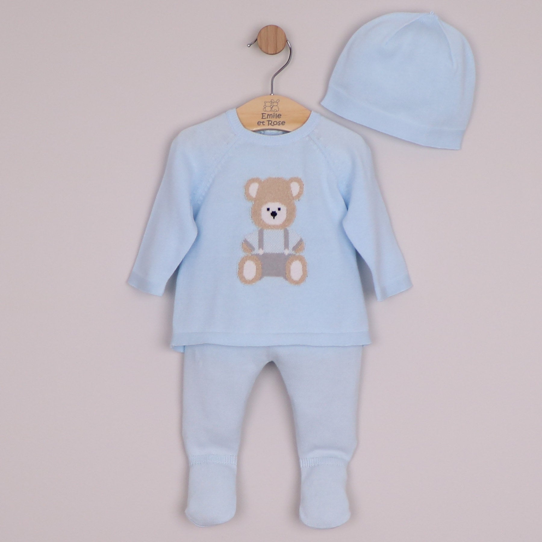 Emile et Rose Boys Marco Knit 2 Piece, Teddy Motif Top, Leggings with Feet & Hat Pale Blue 6520PB – front