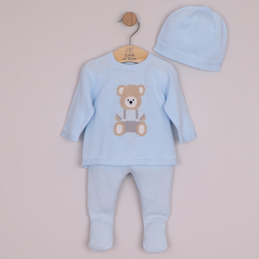 Emile et Rose Boys Marco Knit 2 Piece, Teddy Motif Top, Leggings with Feet & Hat Pale Blue 6520PB – front