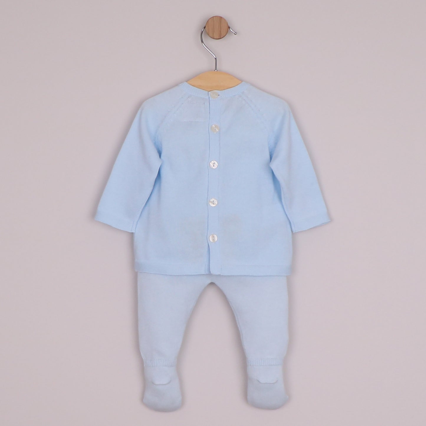 Emile et Rose Boys Marco Knit 2 Piece, Teddy Motif Top, Leggings with Feet & Hat Pale Blue 6520PB – back