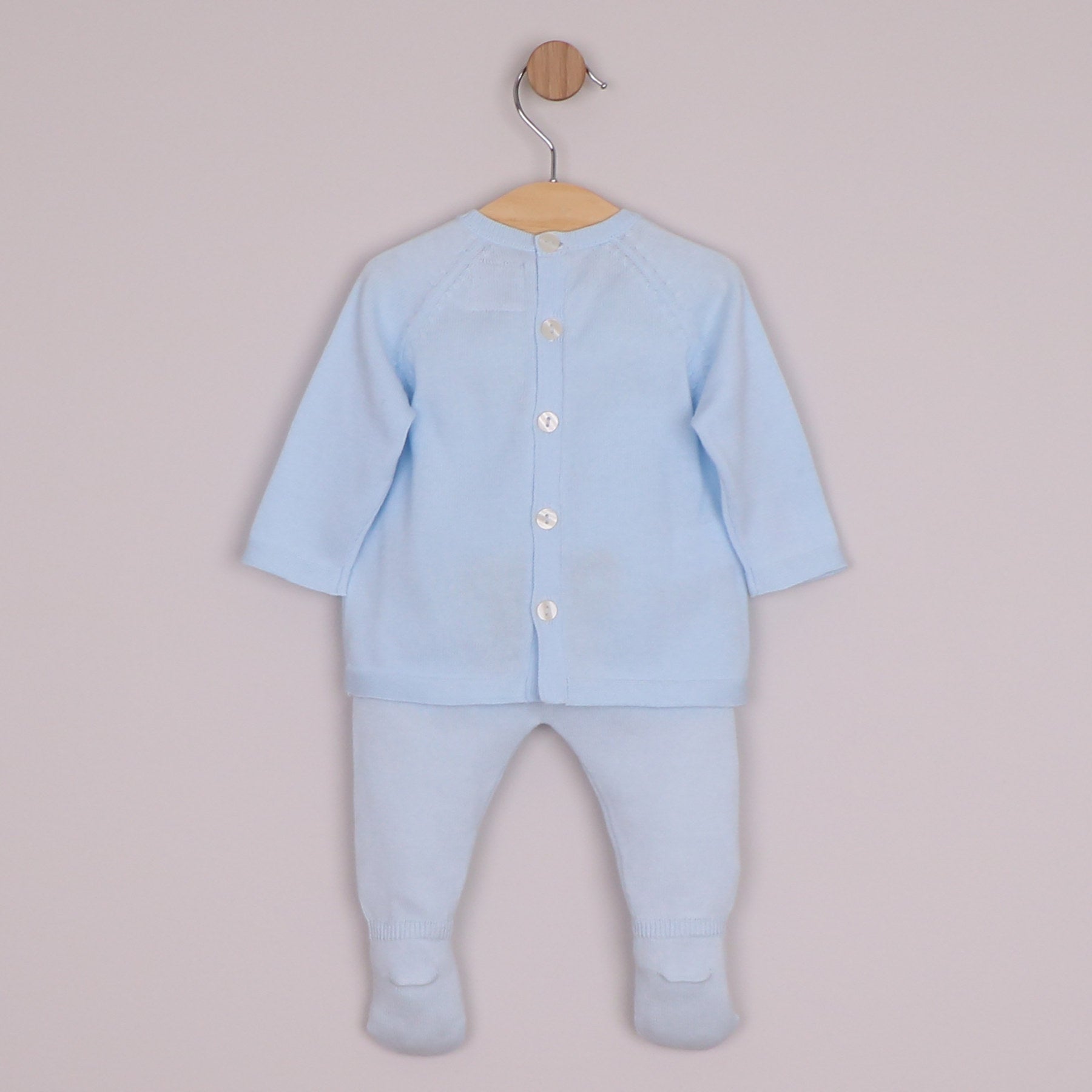Emile et Rose Boys Marco Knit 2 Piece, Teddy Motif Top, Leggings with Feet & Hat Pale Blue 6520PB – back