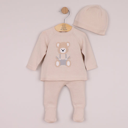 Emile et Rose Boys Marco Knit 2 Piece, Teddy Motif Top, Leggings with Feet & Hat Stone 6520ST – front