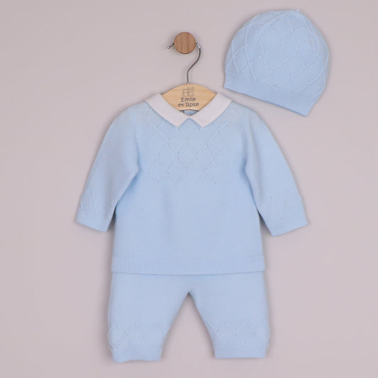 Emile et Rose Boys Malachi Knit 2 Piece Diamond Design At Chest, Sleeve & Leg, Hat Pale Blue 6521PB – front