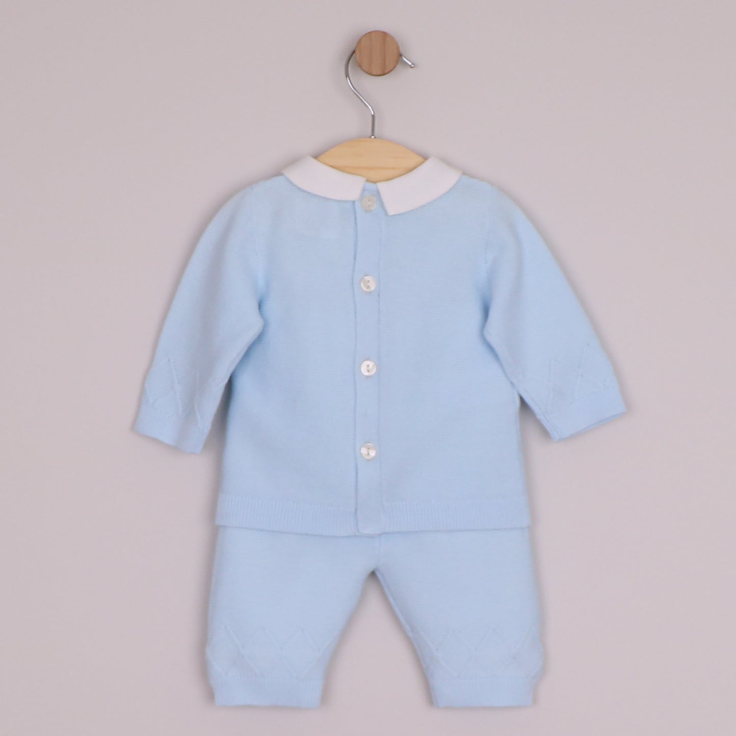 Emile et Rose Boys Malachi Knit 2 Piece Diamond Design At Chest, Sleeve & Leg, Hat Pale Blue 6521PB – back