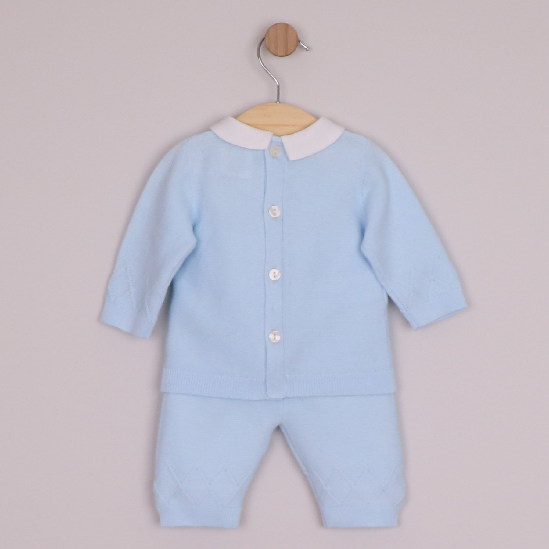 Emile et Rose Boys Malachi Knit 2 Piece Diamond Design At Chest, Sleeve & Leg, Hat Pale Blue 6521PB – back