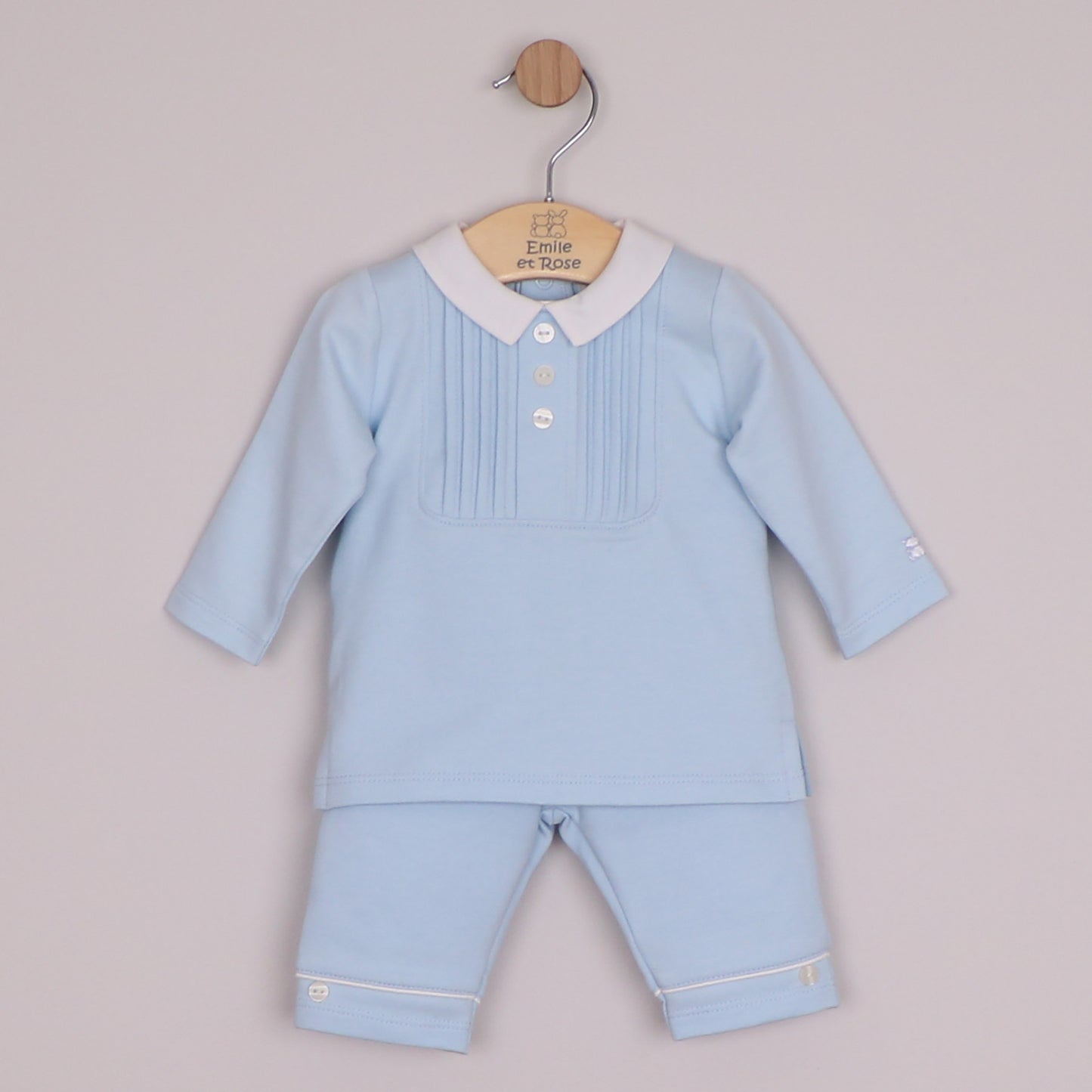 Emile et Rose Boys Mitchell 2 Piece, Pleated Inset Yoke Panel Top & Trousers Pale Blue 6522PB – front