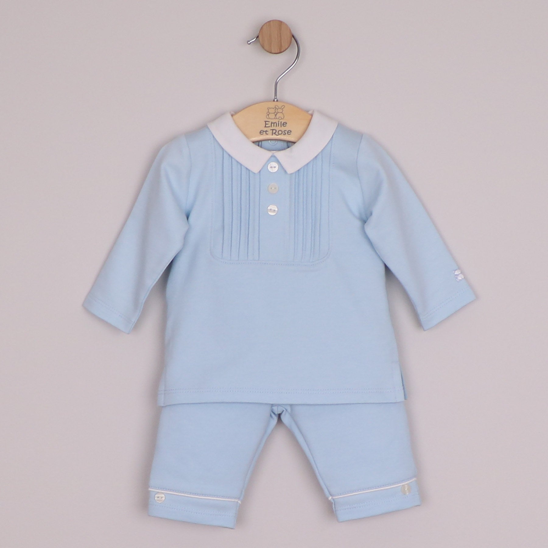 Emile et Rose Boys Mitchell 2 Piece, Pleated Inset Yoke Panel Top & Trousers Pale Blue 6522PB – front