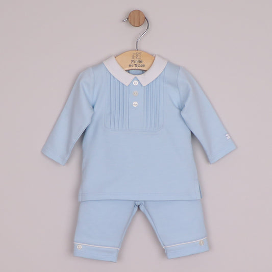 Emile et Rose Boys Mitchell 2 Piece, Pleated Inset Yoke Panel Top & Trousers Pale Blue 6522PB – front
