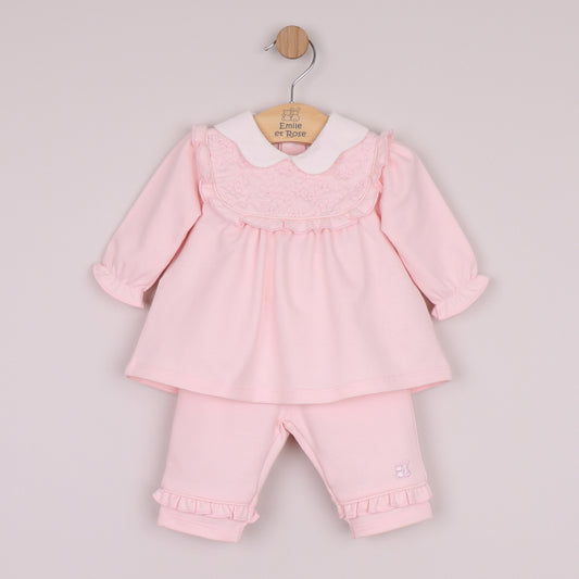 Emile et Rose Girls Macey 2 Piece with Embroidered Inset Panel To Top & Trousers Pale Pink 6524PP – front