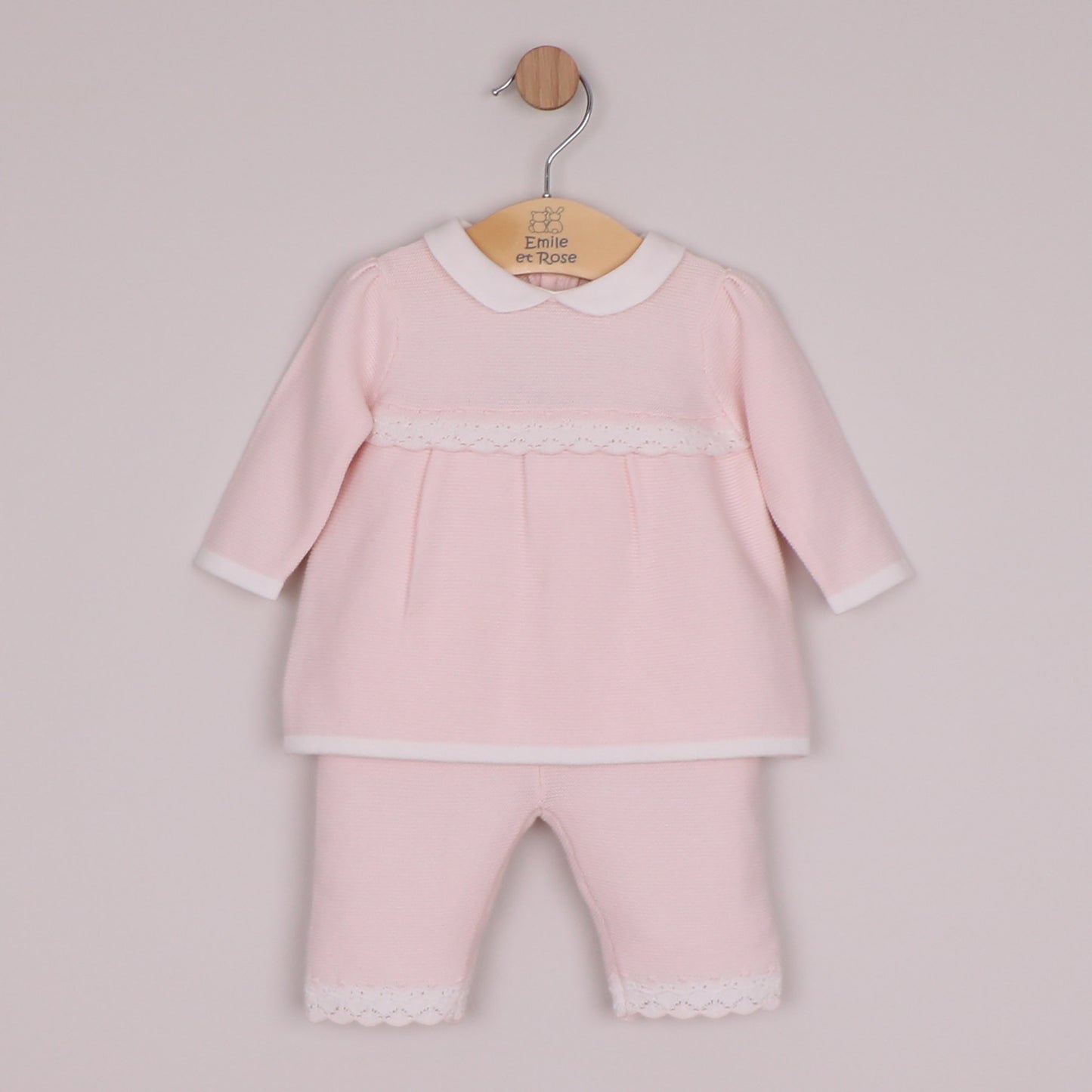 Emile et Rose Girls Melanie Knitted 2 Piece with Crocheted Lace Edge Top & Trouser Pale Pink 6525PP – front
