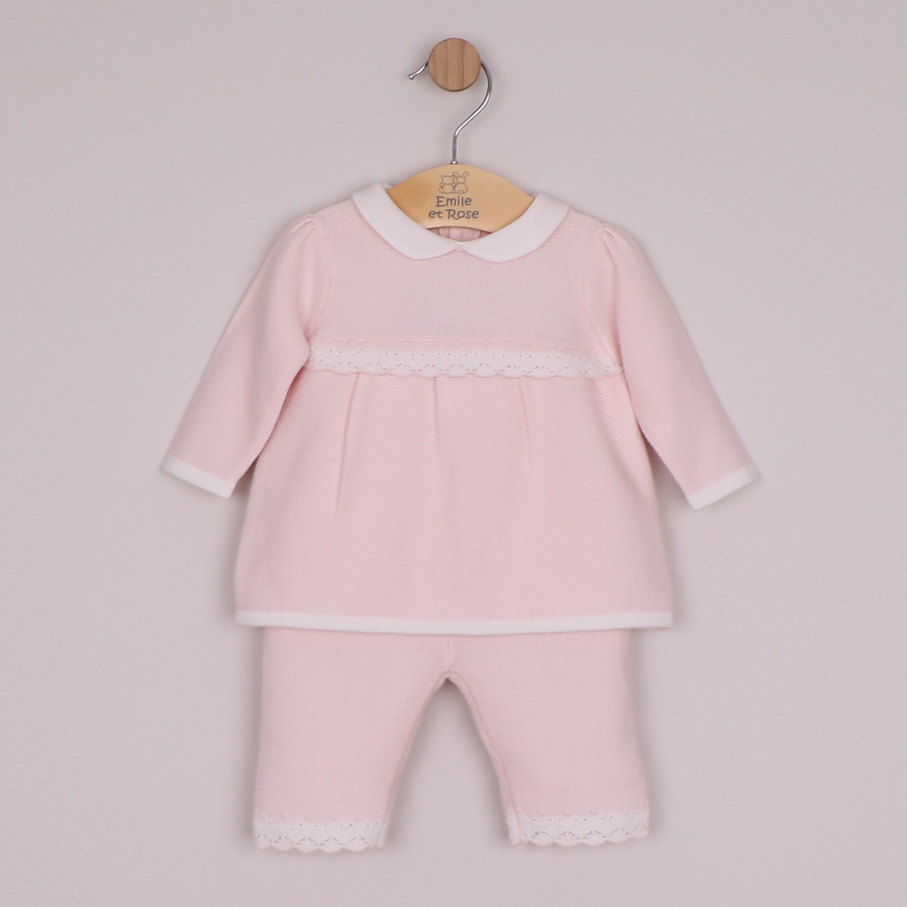 Emile et Rose Girls Melanie Knitted 2 Piece with Crocheted Lace Edge Top & Trouser Pale Pink 6525PP – front
