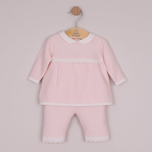 Emile et Rose Girls Melanie Knitted 2 Piece with Crocheted Lace Edge Top & Trouser Pale Pink 6525PP – front