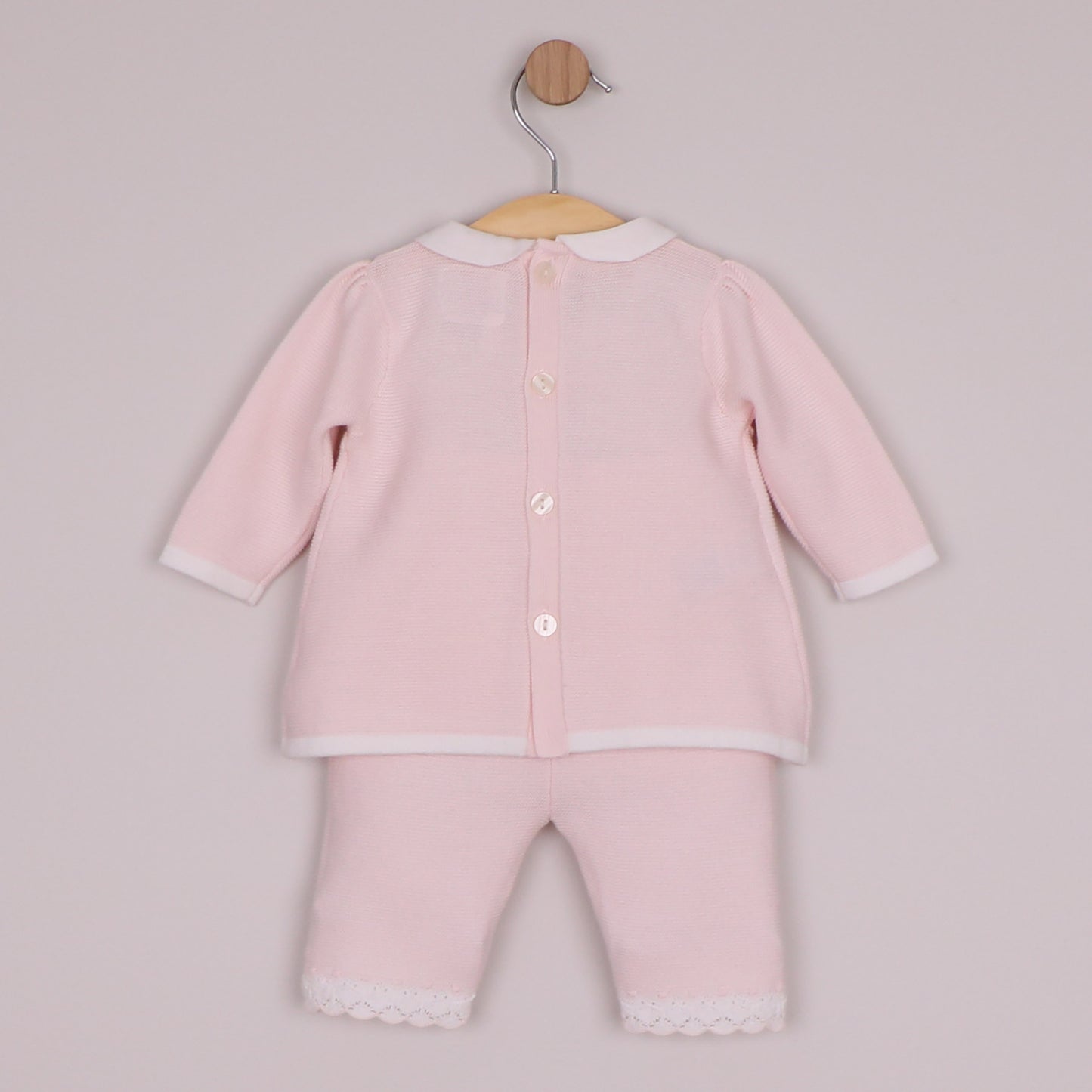 Emile et Rose Girls Melanie Knitted 2 Piece with Crocheted Lace Edge Top & Trouser Pale Pink 6525PP – back