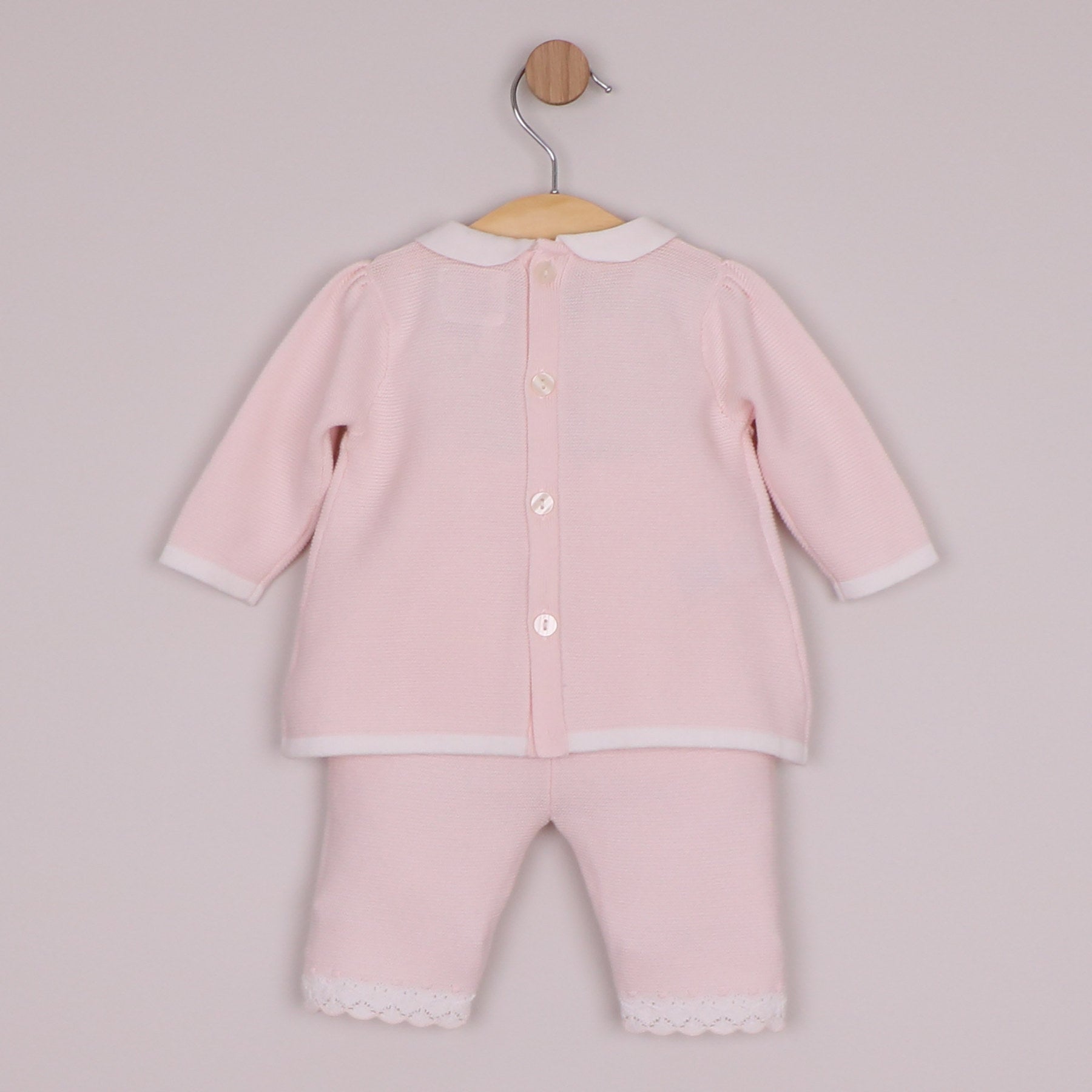 Emile et Rose Girls Melanie Knitted 2 Piece with Crocheted Lace Edge Top & Trouser Pale Pink 6525PP – back