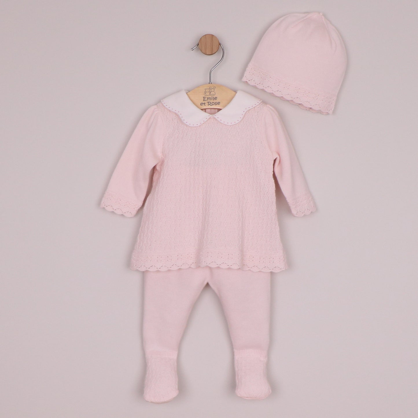 Emile et Rose Girls Minny Knit 2 Piece, Large Embroidered Collar & Leggings with Feet, Hat Pale Pink 6526PP – front