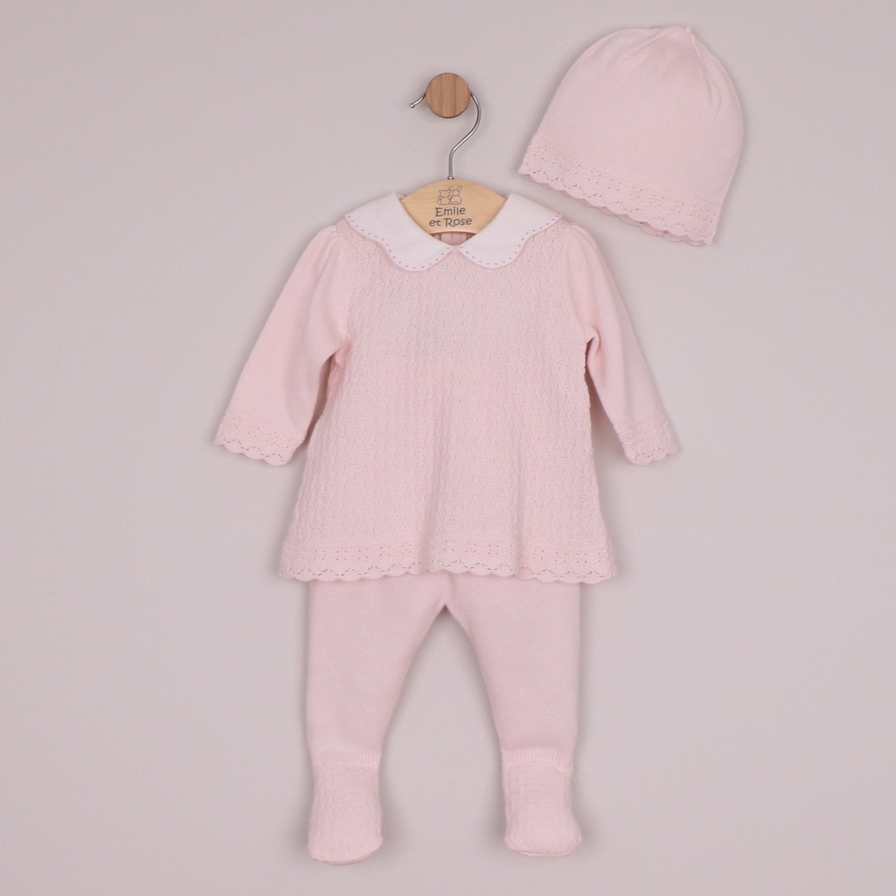 Emile et Rose Girls Minny Knit 2 Piece, Large Embroidered Collar & Leggings with Feet, Hat Pale Pink 6526PP – front