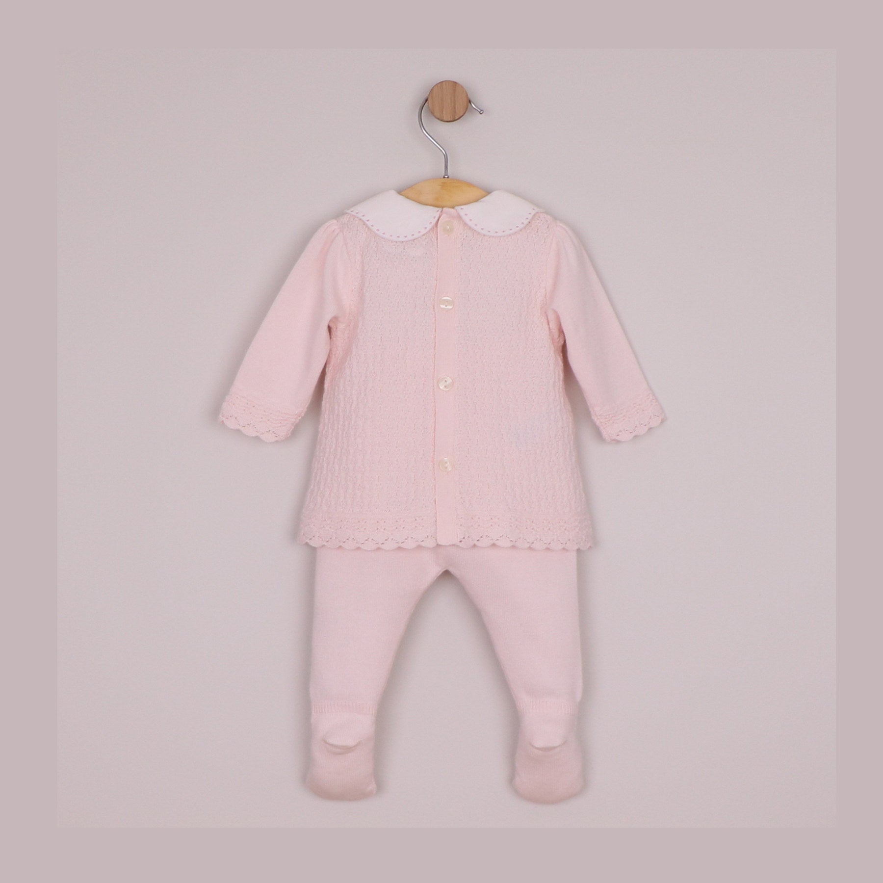 Emile et Rose Girls Minny Knit 2 Piece, Large Embroidered Collar & Leggings with Feet, Hat Pale Pink 6526PP – back