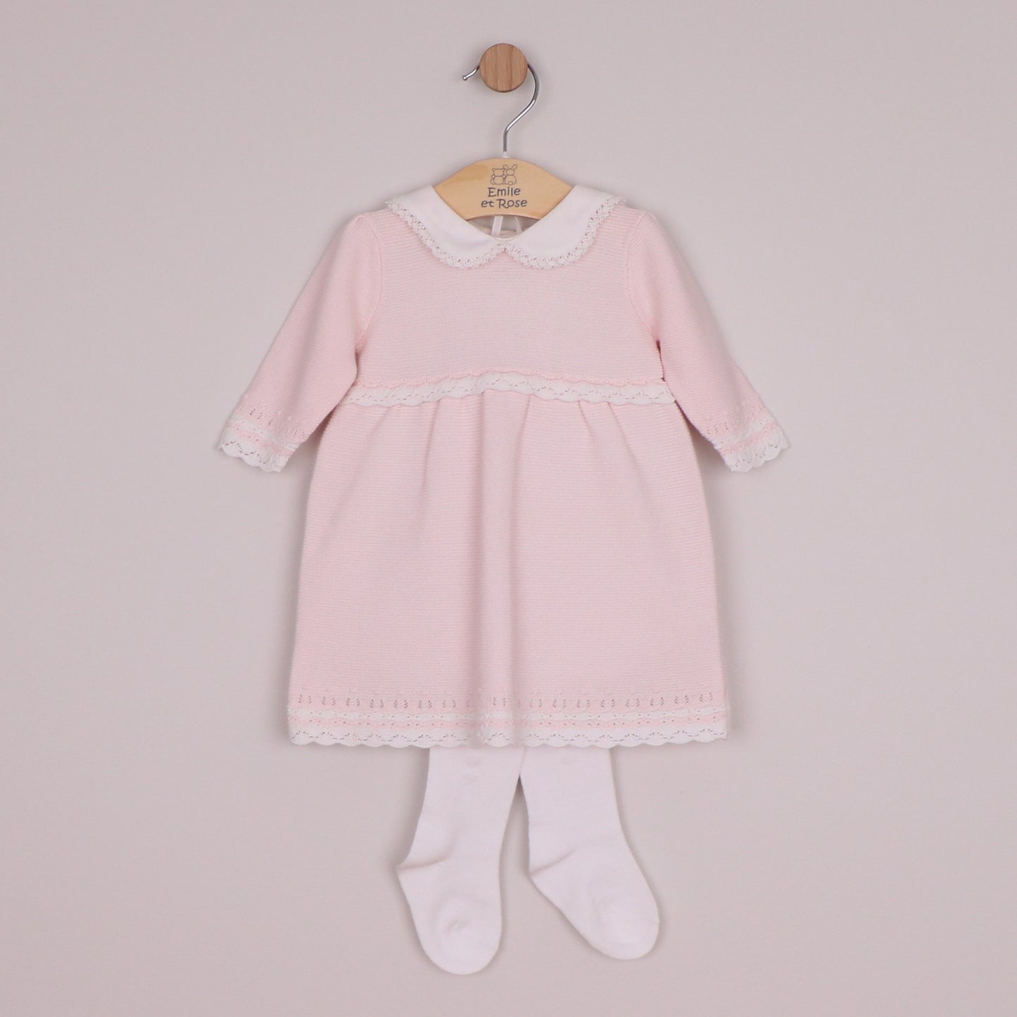 Emile et Rose Girls Millie Knit Dress, Crocheted Edges, Large Collar & Tights Pale Pink 8484PP – front