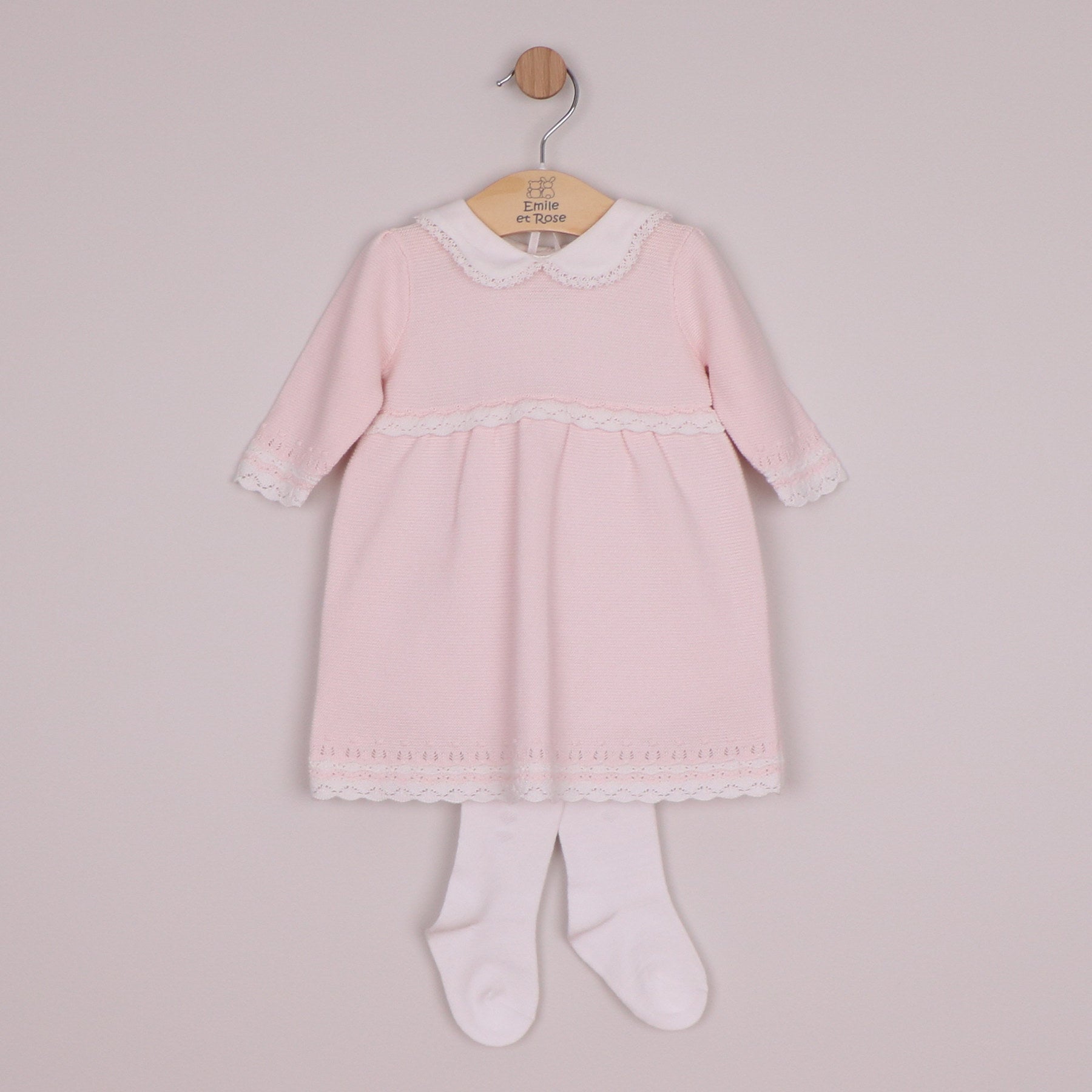 Emile et Rose Girls Millie Knit Dress, Crocheted Edges, Large Collar & Tights Pale Pink 8484PP – front